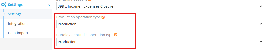 Assigning operation type for production in accounting settings